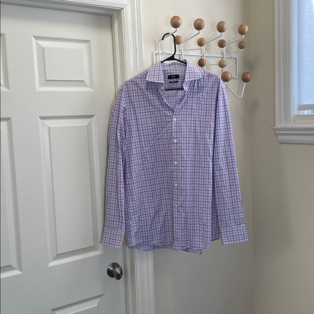 Hugo Boss Lavender and White Checkered Shirt Blue Red - L